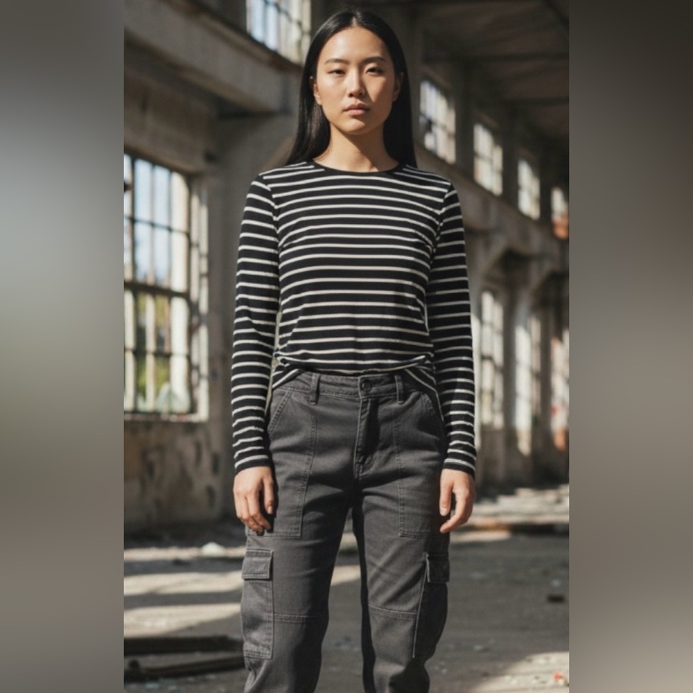 Monrow Black and White Striped Long Sleeve Tee